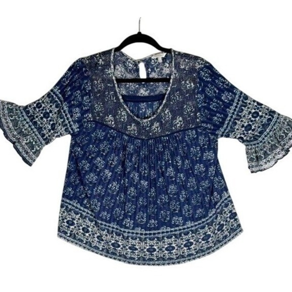 Lucky Brand Womens Blue Floral Lace Trim Peasant Top Bell Sleeve Large